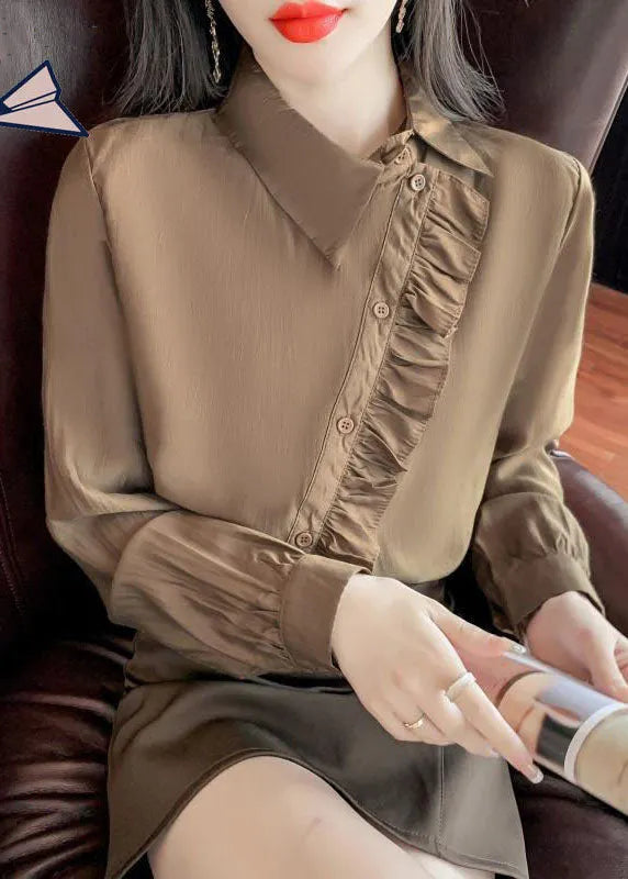French Khaki Peter Pan Collar Ruffled Button Chiffon Shirt Spring