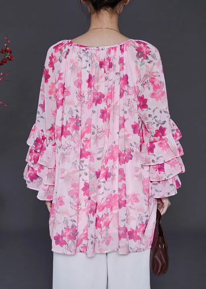 Pink Oversized Print Chiffon Shirt Top Flare Sleeve