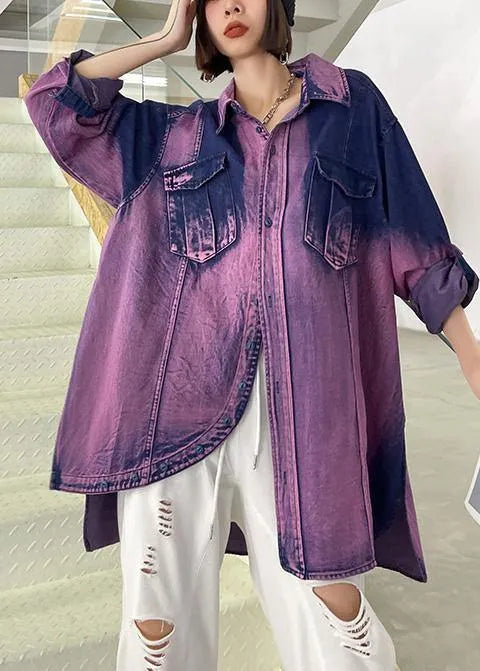 Classy Tie Dye Purple Asymmetrical Design Cotton Long Sleeve Spring Shirt