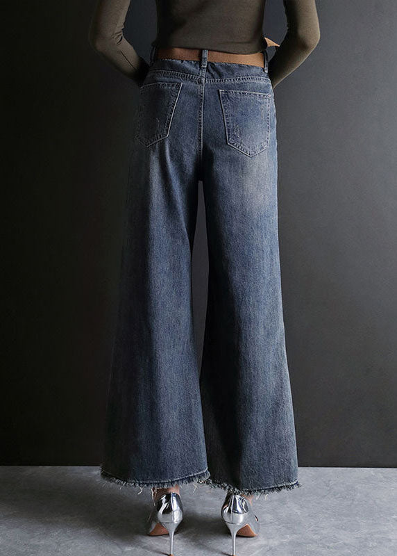 Blue High Waist Hole Pockets Cotton Denim Flare Pants Summer