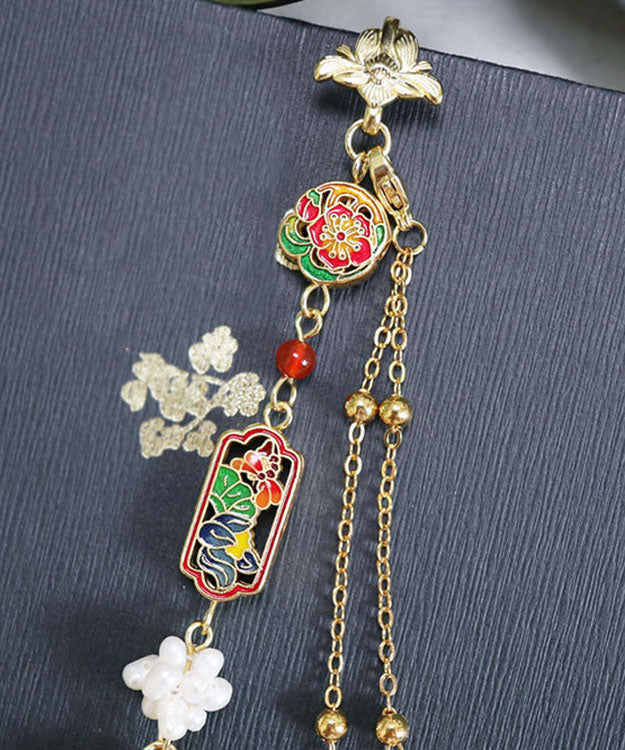 Retro Gold Overgild Pearl Jade Little Bird Tassel Brooch
