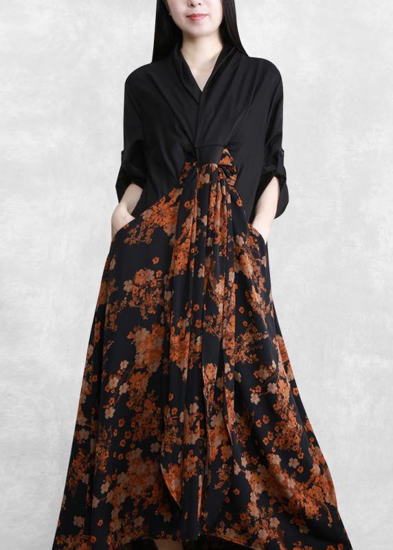 Orange Print Dresses Asymmetric V Neck Maxi Spring Dresses