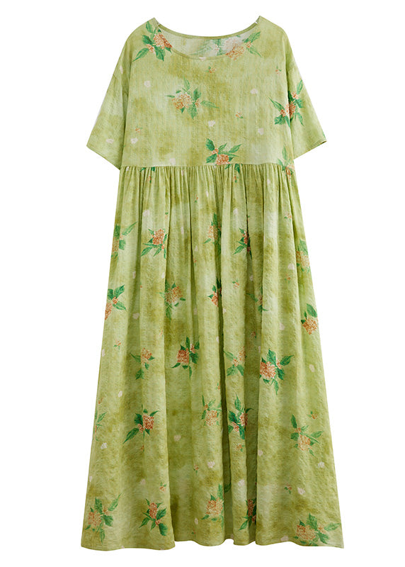 Yellow Green Print Wrinkled Cotton Long Dress Summer