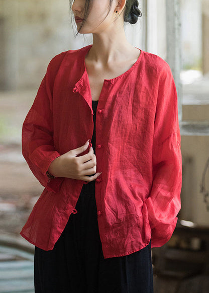 Red Loose Linen Shirts O-neck Button Down Fall