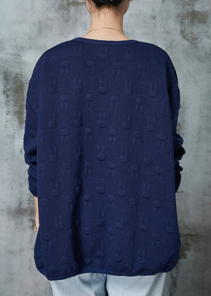 Navy Oversized Jacquard Cotton Pullover Sweatshirt Spring