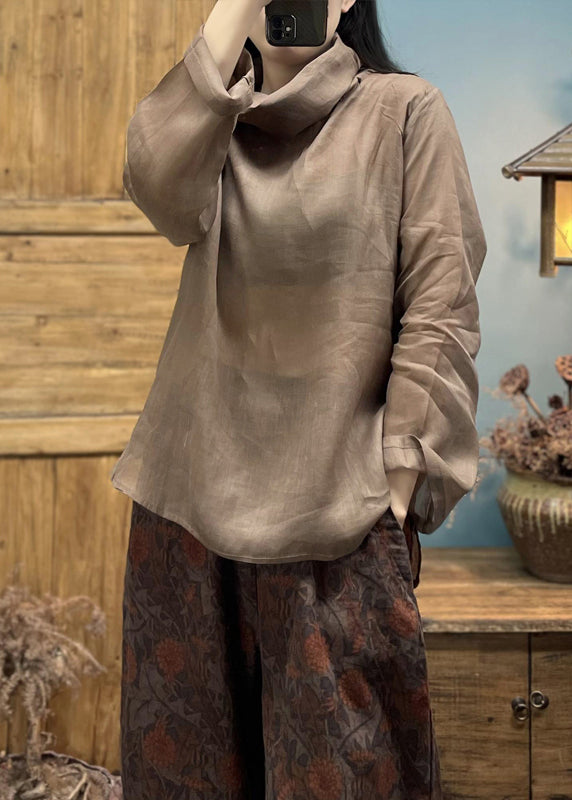 Loose Coffee Turtle Neck Linen Top Long Sleeve