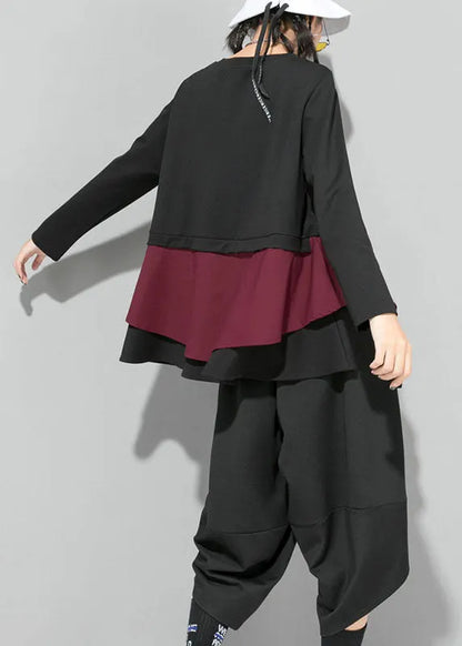 Organic Mulberry O-neck Patchwork Ruffles Fall Top Long Sleeve