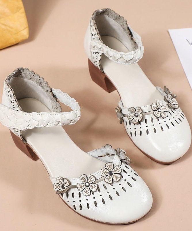 Beige Hollow Out Chunky Cowhide Leather Splicing Sandals