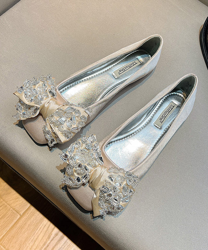 New Splicing Flat Shoes for Green Satin Bow Zircon