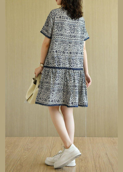 Modern Navy O-neck Print Summer Chiffon Dresses Short Sleeve