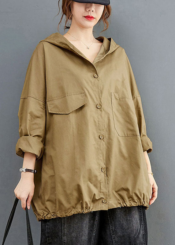 Diy Khaki Button Pockets Loose Fall Long Sleeve Coat