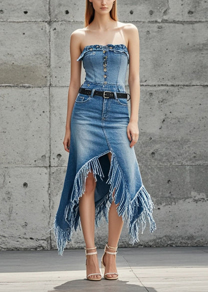 Blue Asymmetrical Patchwork Tasseled Denim Skirts Fall
