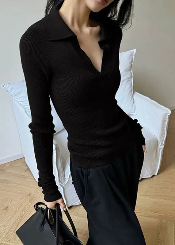 Black Peter Pan Collar Slim Fit Knit Top Spring