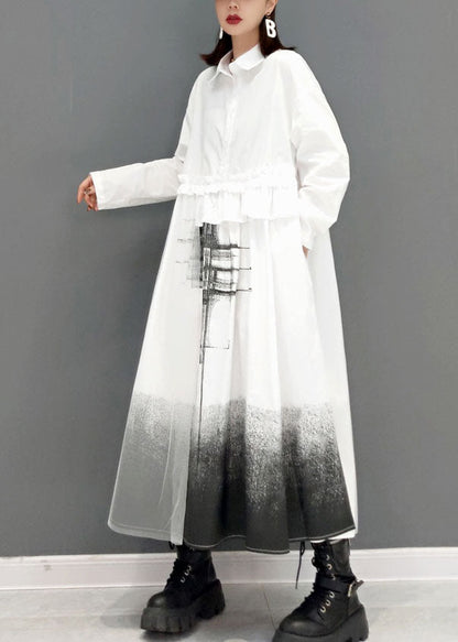 Loose White Peter Pan Collar Print Shirt Dresses Spring