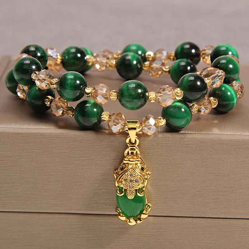 Buddha Stones Tiger Eye Pixiu Fox Money Bag Protection Self Confidence Double Wrap Bracelet