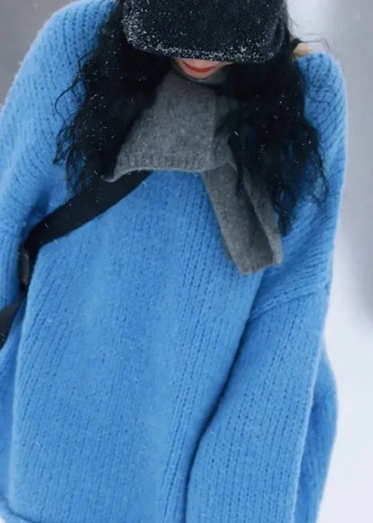 Simple Blue O-neck Cozy Thick Cotton Knit Sweater Long Sleeve