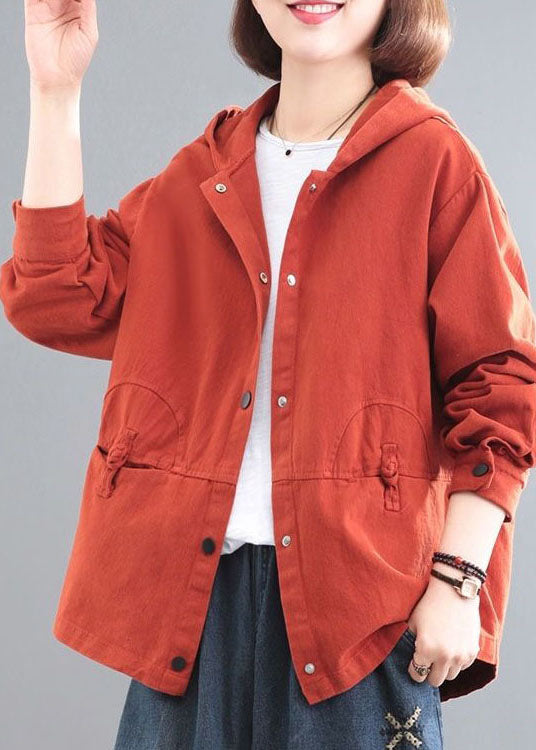 Orange Hooded Chinese Button Denim Coat Long Sleeve Spring