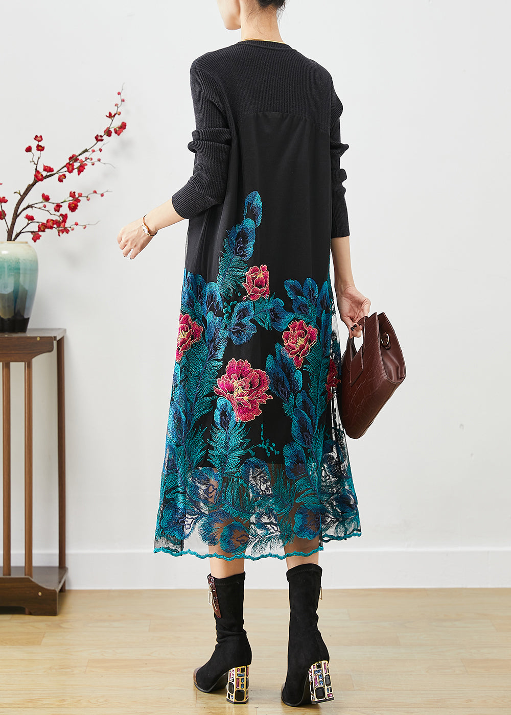 Art Blue Embroideried Knit Long Dress Fall