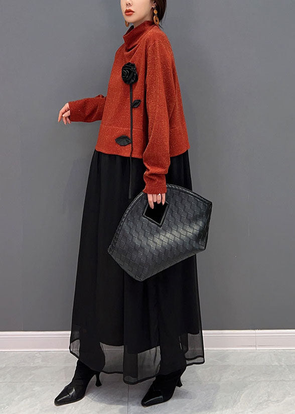Red Turtle Neck Patchwork Tulle Fake Two Piece Dresses Spring