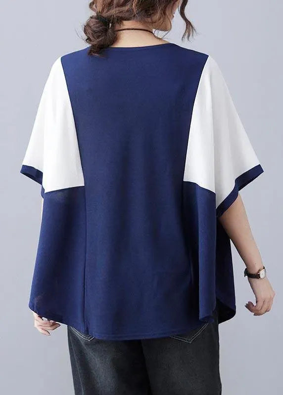 Handmade Blue Patchwork Batwing Sleeve Shirt Top Summer