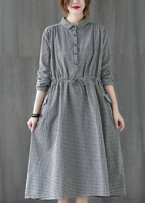Simple Plaid Button Pockets Tie Waist Fall Party Dress Long Sleeve