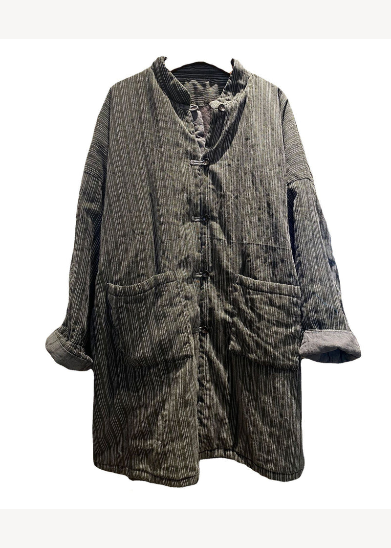 Blue Stand Collar Pockets Striped Fine Cotton Filled Coat Winter