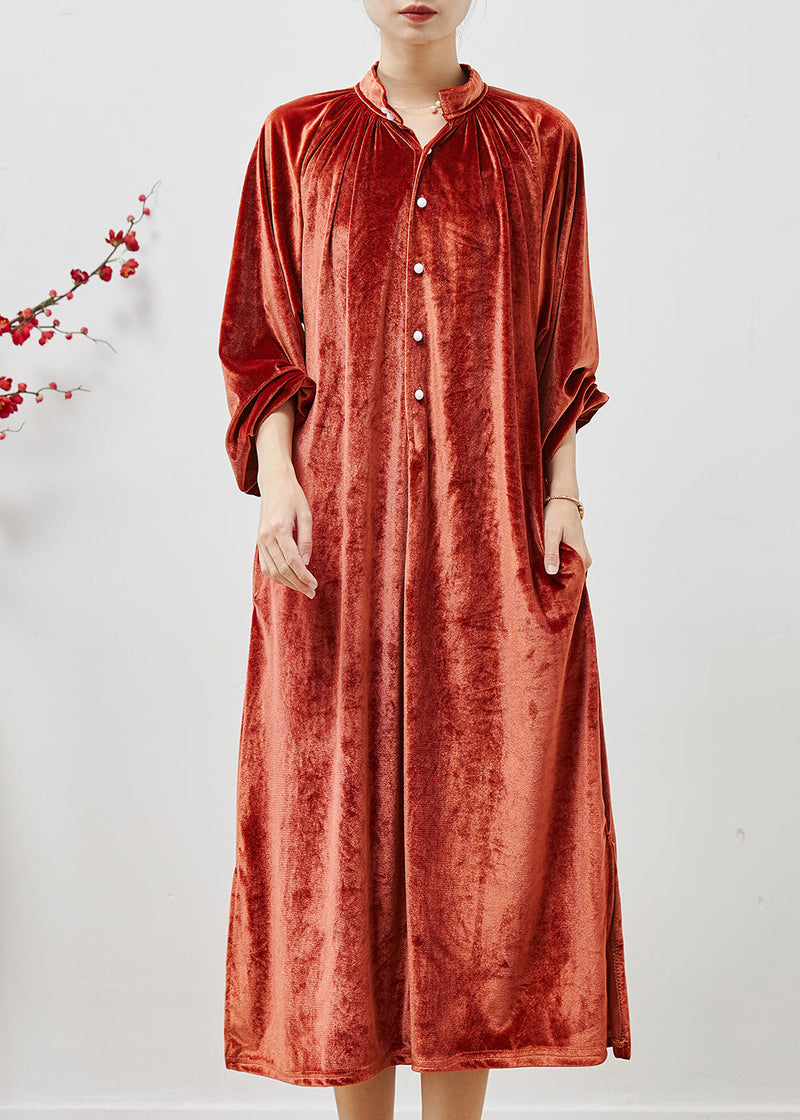French Orange Stand Collar Silk Velour Long Dresses Fall
