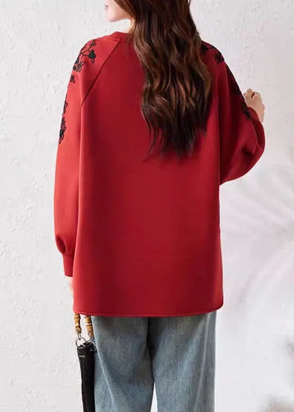 Red O Neck Print Cotton Sweatshirts Fall