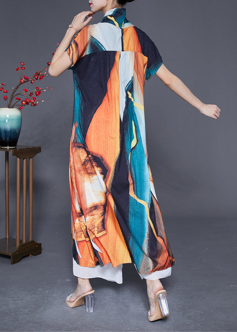 V Neck Lace Up Print Silk Holiday Dress Summer