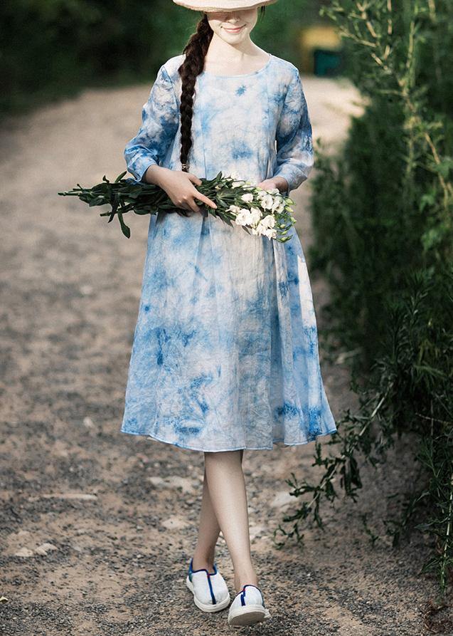 100% O-neck Half Sleeve Summer Blue Print Dress