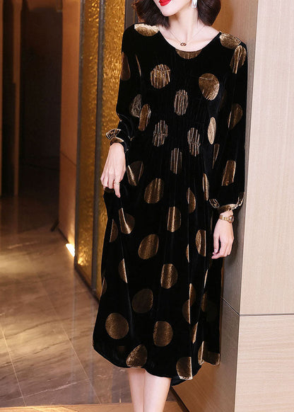 Black Dot Print Velour Dress Spring