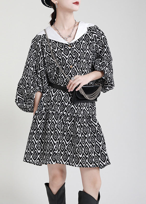 Black Button Patchwork Asymmetrical Design Puff Sleeve Fall Dresses