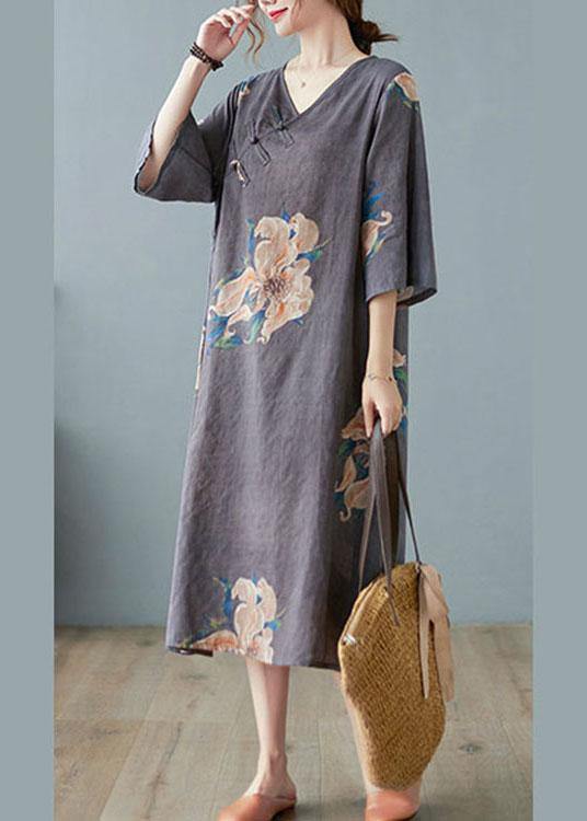 Italian Grey Asymmetrical Design Button Summer a Line Half Sleeve Vacation Dresses