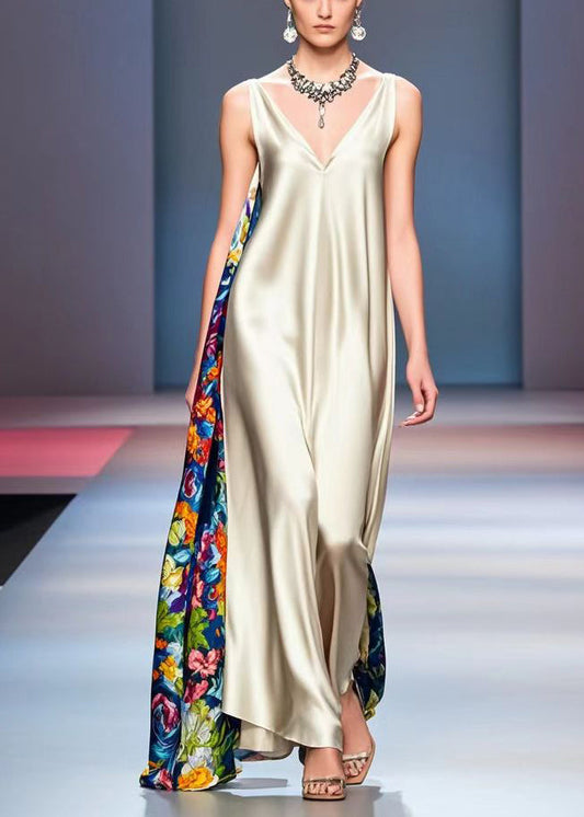 Champagne Asymmetrical Patchwork Print Silk Long Dress Sleeveless