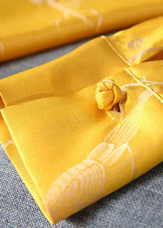 Yellow Stand Collar Button Jacquard Silk Tops Spring