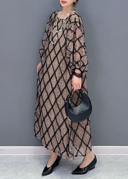 Plaid O Neck Patchwork Tulle Long Dress Fall
