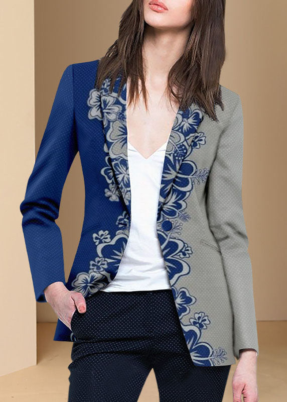 Style Blue Grey Button Peter Pan Collar Print Western-style Clothes Coat Long Sleeve