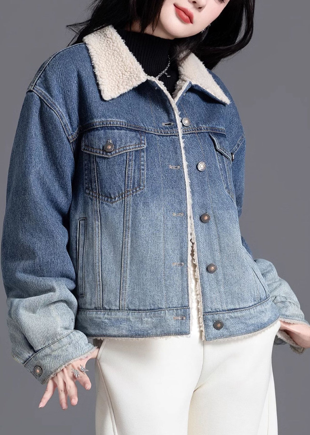 Art Gradient Blue Peter Pan Collar Fleece Wool Lined Denim Coats Winter