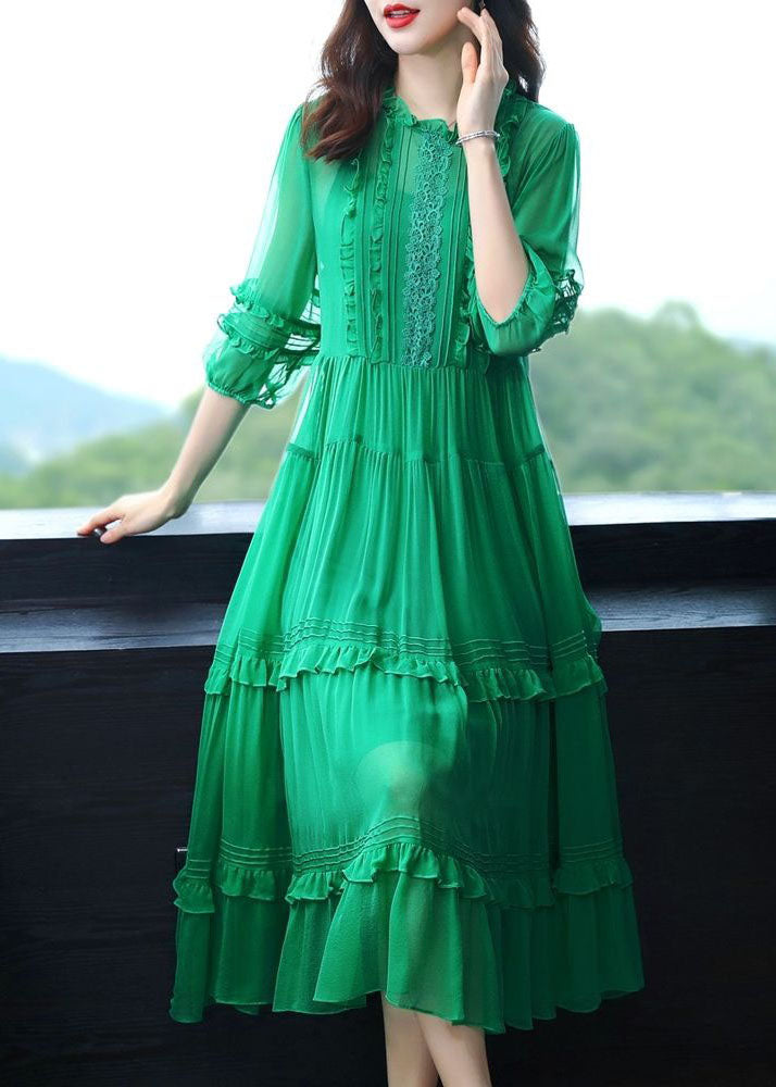 Art Green O-neck Ruffled Patchwork Silk Two-piece Set Dress Summer