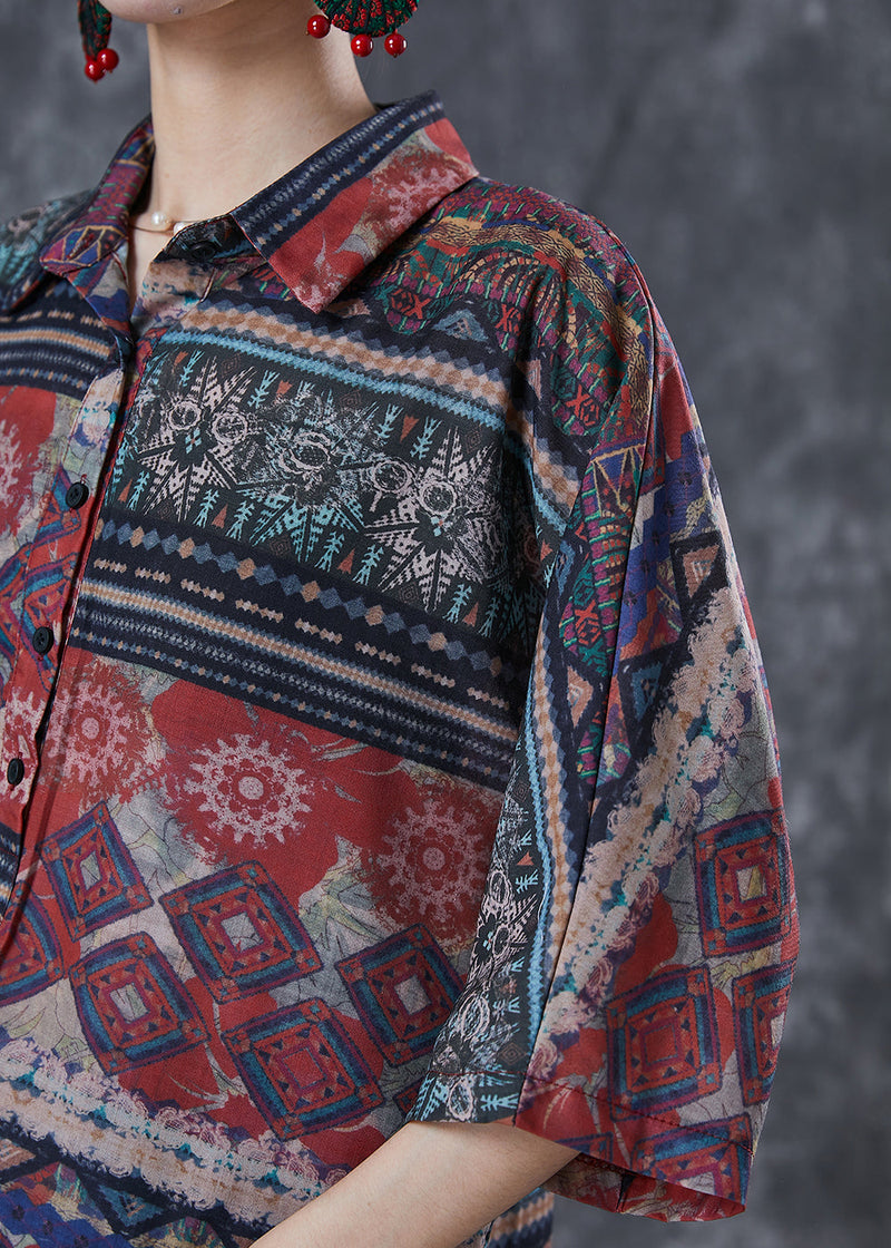 Style Oversized Print Linen Shirts Bracelet Sleeve