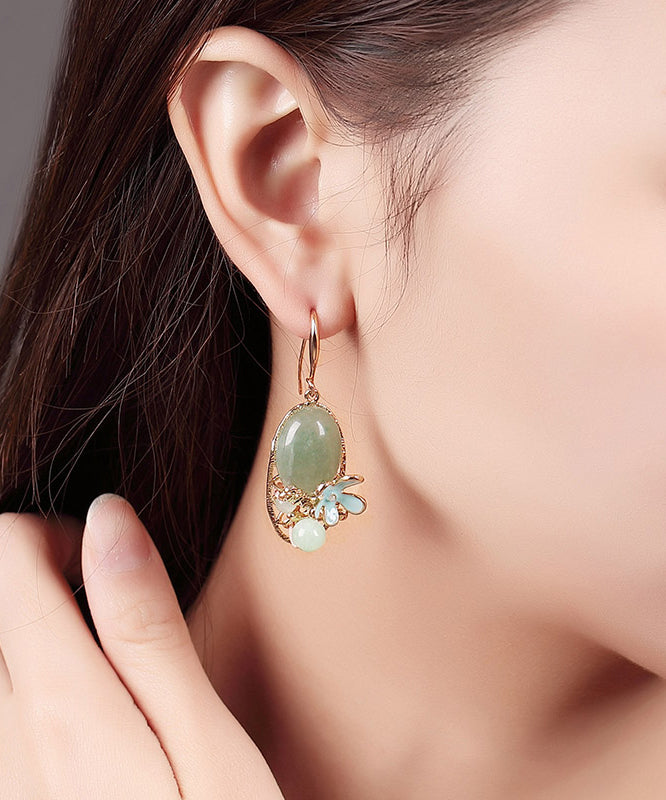 Green Copper Pearl Jade Cloisonne Drop Earrings
