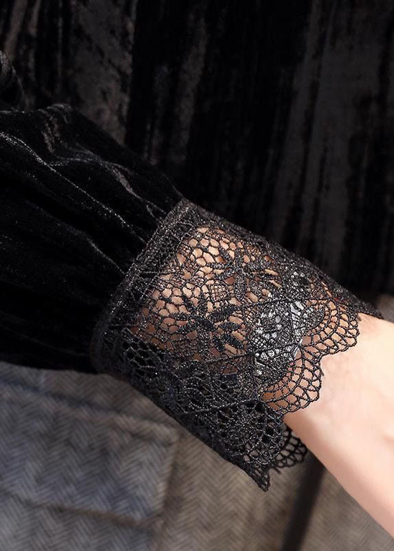 Diy Black V Neck Patchwork Silk Velour Shirts Long Sleeve