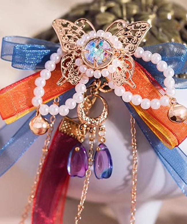 Rainbow Copper Alloy Tulle Beading Bow Ribbon a Pair Hairpin