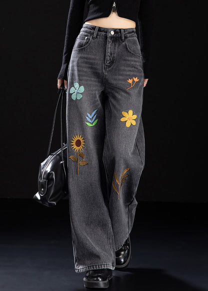 Handmade Black Embroidered Warm Fleece Denim Pants Spring