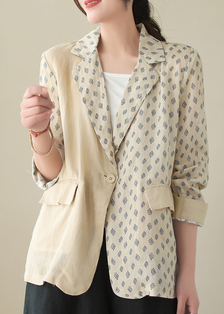 Beige Peter Pan Collar Print Ramie Coats Long Sleeve