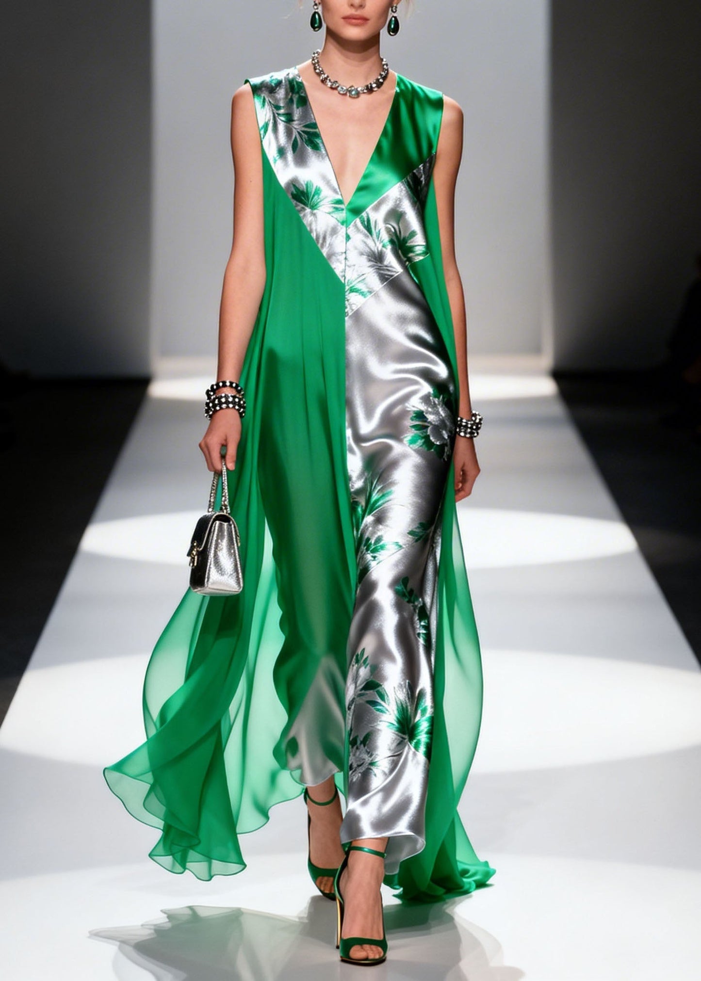 Classy Colorblock V Neck Print Chiffon Dress Sleeveless