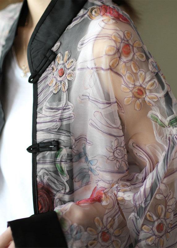 Light Purple Print Tulle Organza Patchwork Oriental Coat Summer