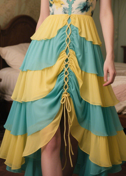Patchwork Chiffon Vestidos Dresses V Neck Cross Strap Summer