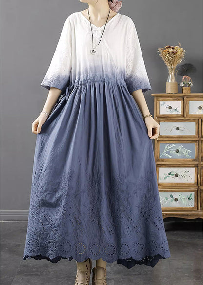 Lighy Blue V Neck Hollow Out Long a Line Dress Fall