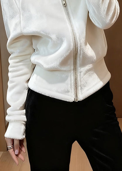 Slim Fit White Stand Collar Zip Up Silk Velvet Coats Spring